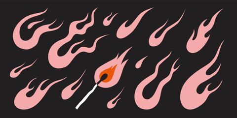 Naklejka premium Set with various flames, fire and match in y2k aesthetic, vintage cartoon, old school tattoo neo tribal style. Trendy modern vector illustration, hand drawn, flat design.