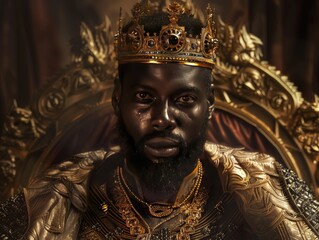 Handsome King. Black, African, Persian, Egyptian royalty. Golden throne. Medieval fantasy. Gold crown