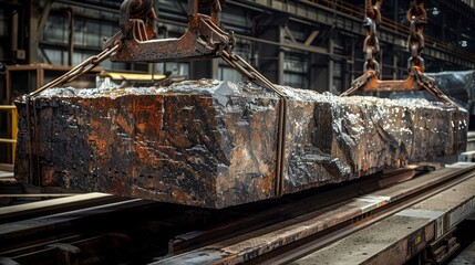 Close-up of a large metal slab being transported in an industrial warehouse by a powerful overhead crane.