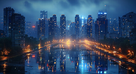 Background is a night view of the city. Generative AI.
