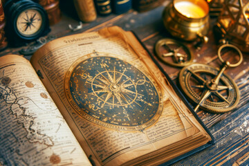 Fototapeta premium Vintage navigation tools with old maps and a compass.