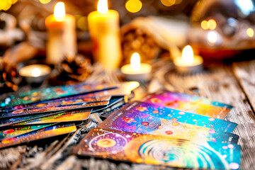 Tarot reading setup with candles and a crystal ball.