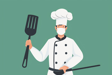 chef with a ladle, fork and knife