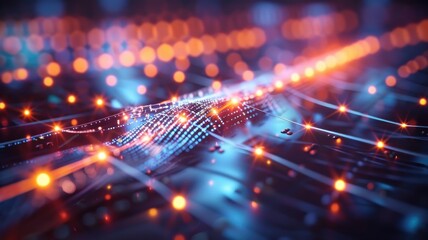 Visualize a secure quantum key distribution (QKD) system in an optical network, with entangled photons illustrating encryption