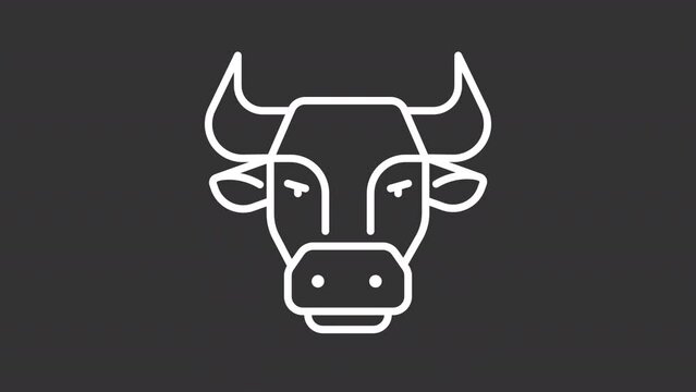 Animated taurus white icon. Bull head line animation. Astrological sign. Astrology and horoscope. Esoteric symbol. Isolated illustration on dark background. Transition alpha video. Motion graphic