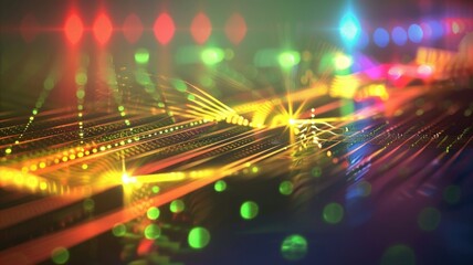 Visualize a secure quantum key distribution (QKD) system in an optical network, with entangled photons illustrating encryption
