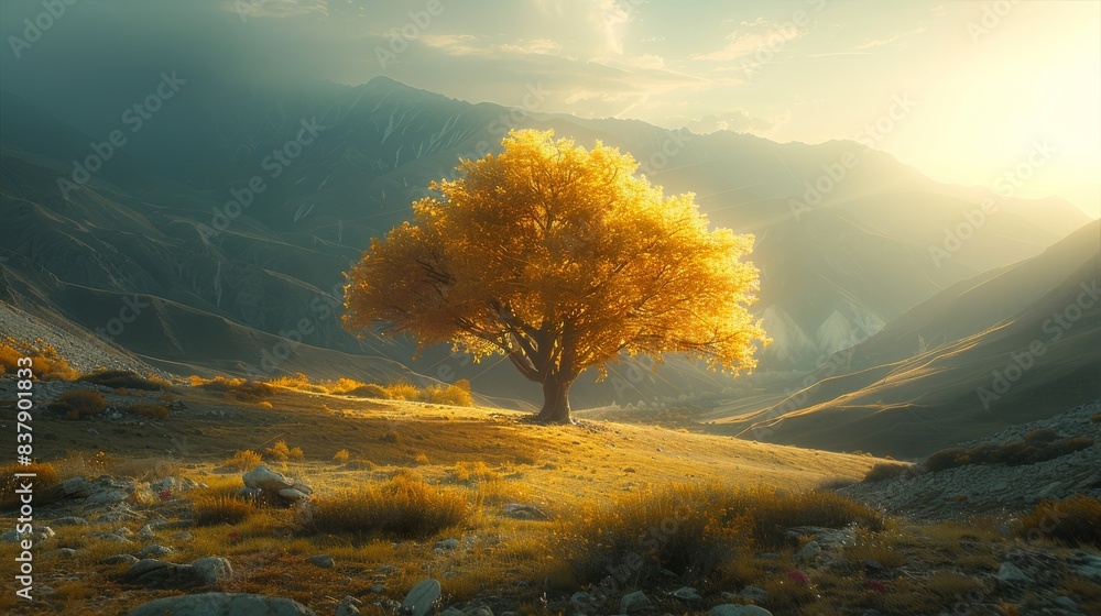Poster a giant mulberry tree glowing golden light hiding in the mountain. generative ai.
