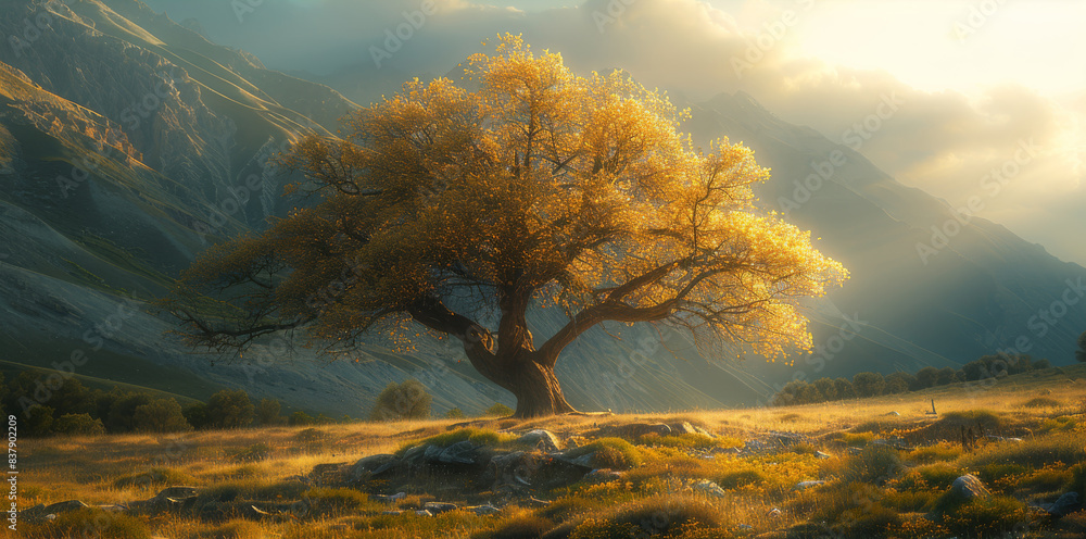 Poster a giant mulberry tree glowing golden light hiding in the mountain. generative ai.