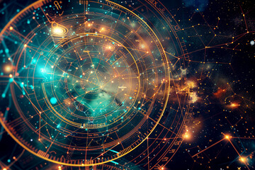 Obraz premium Cosmic star chart with glowing constellations in a dark background.
