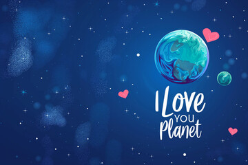 Naklejka premium Creative illustration for Earth Day. Blue background with Earth planet and sign I Love You Planet.