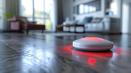 a white modern alarm with a red light, symbolizing activation, placed in a living room setting with a blurred background, conveying a sense of home security and safety.