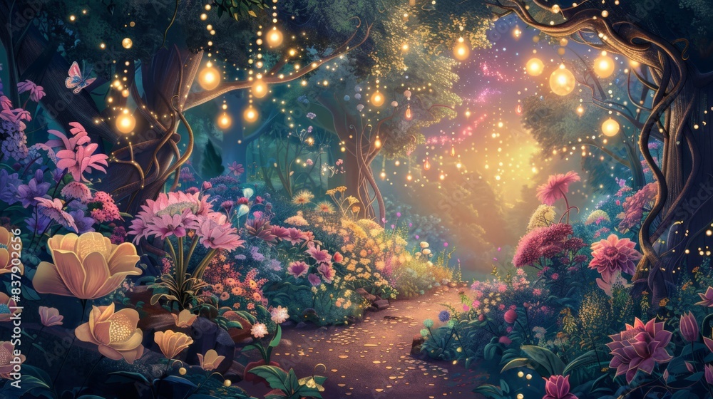 Poster a forest scene with a path leading through it. the path is lined with flowers and trees, and there a