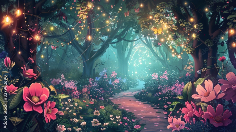 Poster a forest scene with a path leading through it. the path is lined with flowers and trees, and there a
