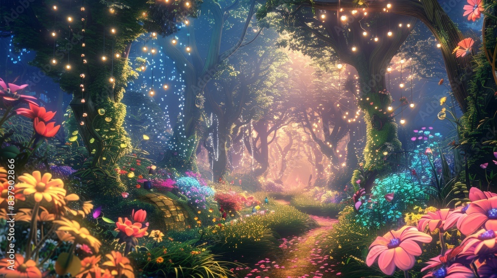 Poster a forest scene with a path leading through it. the path is lined with flowers and trees, and there a