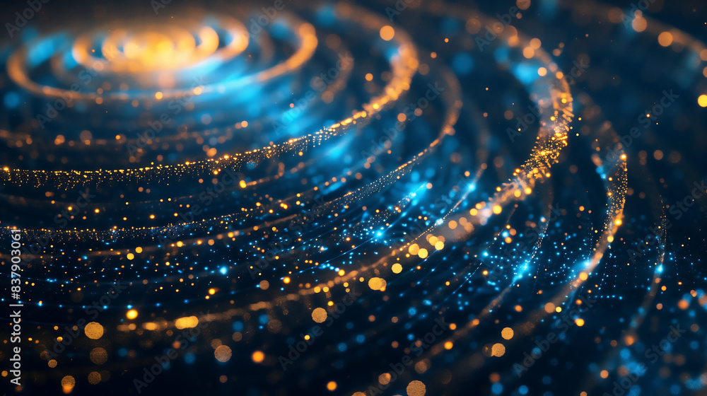 Poster abstract background with golden and blue glowing particles in spiral flow on a dark backdrop digital