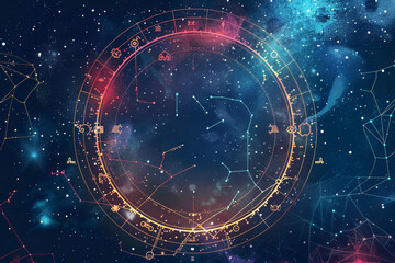 Bright and colorful astrological chart with cosmic background.