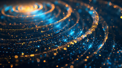 abstract background with golden and blue glowing particles in spiral flow on a dark backdrop digital illustration of complex luminous lines and dots waves energy futuristic technology concept
