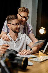 Two loving men engaging with computer screen in office setting.