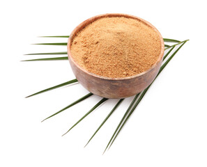 Coconut sugar in bowl and palm leaf isolated on white