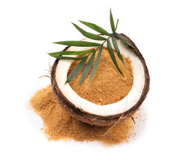 Coconut sugar, fruit and palm leaf isolated on white