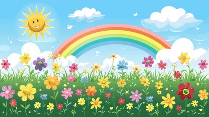 Fototapeta premium Colorful illustration of a vibrant rainbow arching over a green field with blooming flowers, fluffy clouds, and a bright sun in a blue sky. Cheerful spring landscape concept.