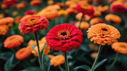 Obraz premium Vibrant Red Zinnia Flower Close-Up: Highlight the vivid colors of these blossoms