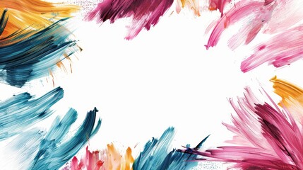 Abstract painting with thick, textured strokes of pink, blue, and yellow on white background. Bold and vibrant artistic expression.