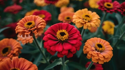 Fototapeta premium Colorful Zinnia Garden Bloom: Emphasize the variety of zinnias