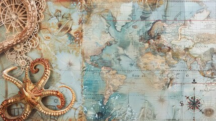 Naklejka premium Vintage nautical map background displays an antique bronze octopus figure with lace and compass elements for travel.