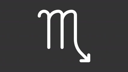 Animated scorpio sign white icon. Symbol of scorpio with arrow line animation. Astrological sign. Horoscope. Isolated illustration on dark background. Transition alpha video. Motion graphic