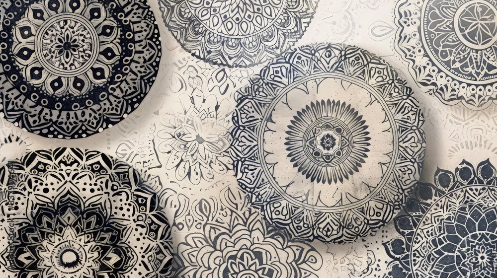 Poster patterns of intricate mandalas in monochrome tones, layered over lightly textured scrapbook paper. t