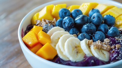  Healthy acai fruit bowl with banana, mango and blueberry