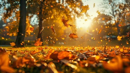 Sunlit autumn forest with vibrant leaves falling, creating a warm, golden scene full of natural beauty and tranquility in nature.