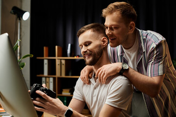 Two men in office attire focus on computer work.