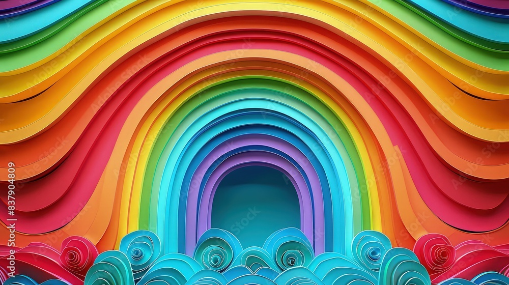 Poster rainbow colored paper cut arranged beautifully in a layered pattern, creating an intricate and vibra