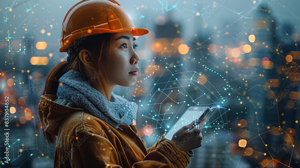 Poster a construction worker wearing a hard hat and holding a tablet. the background shows a city skyline w