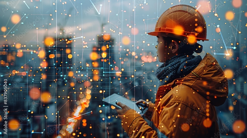 Poster a construction worker wearing a hard hat and holding a tablet. the background shows a city skyline w