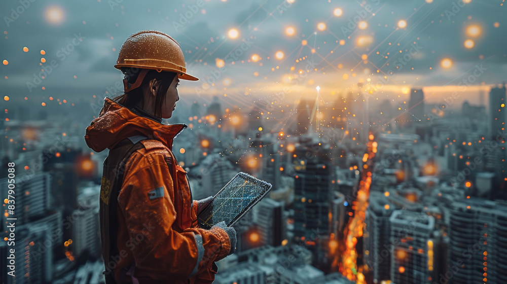 Poster a construction worker wearing a hard hat and holding a tablet. the background shows a city skyline w