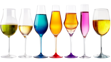 Colorful glasses of wine, champagne, and cocktail glasses are isolated on a transparent background
