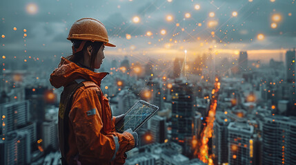 A construction worker wearing a hard hat and holding a tablet. The background shows a city skyline with a digital network overlay. Generative AI.
