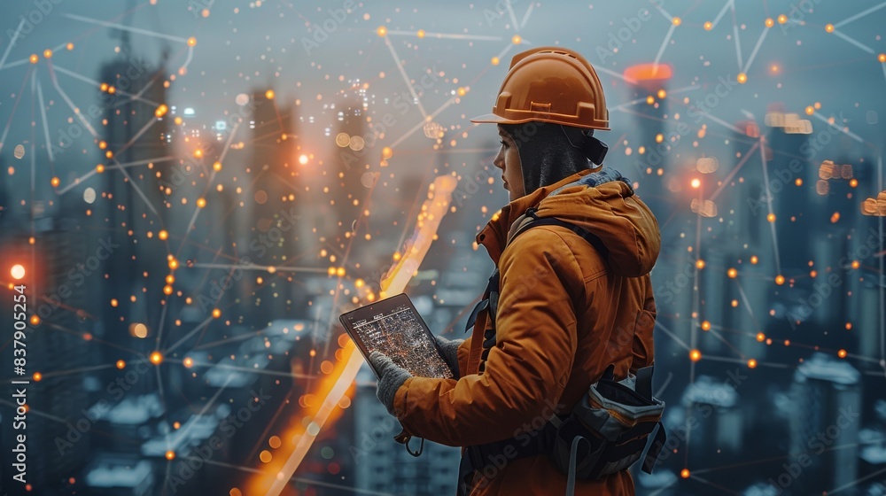 Poster a construction worker wearing a hard hat and holding a tablet. the background shows a city skyline w