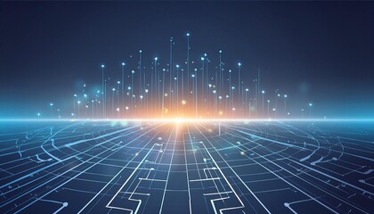Obraz premium A futuristic digital landscape featuring a grid pattern and interconnected nodes, illuminated by glowing lines and a vibrant horizon. 