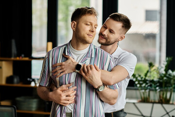Two men in casual attire stand together, exuding a sense of partnership and camaraderie.