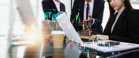 Business team working together with stock trading computer screen,  Business financial stock market...