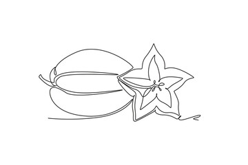Single one line drawing whole and sliced healthy organic for starfruits orchard logo identity. Fresh star fruit concept for garden icon. Modern continuous line draw design graphic vector illustration