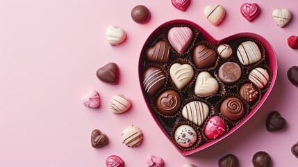 Heart shaped box of assorted chocolates on a pink background.