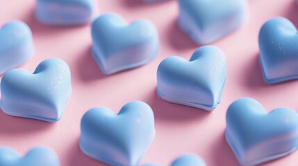 Fototapeta premium A pattern of light blue, heart-shaped candies is scattered across a soft pink surface, perfect for Valentine's Day advertising visuals.