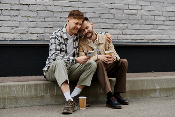 Two young men in casual attire sit, engrossed in a cell phone.