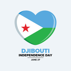 Djibouti Independence Day poster vector illustration. Djibouti flag in heart shape icon. Template for background, banner, card. Djibouti flag love symbol. June 27. Important day