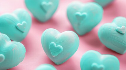Obraz premium Teal heart shaped candies with embossed details are arranged on a solid pink backdrop for use as a food background in confectionary branding or social media posts.